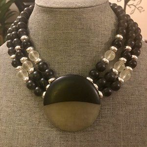 Necklace Vintage Retro 3 Strand Black Opaque Medal